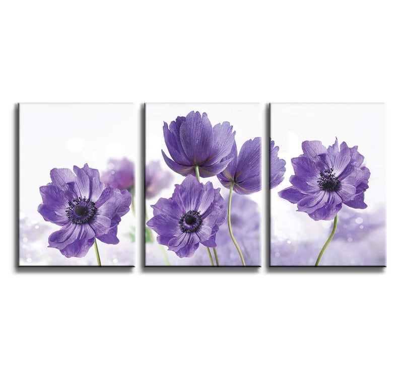 KAKEMONO 3 Piece Canvas Wall Art Set: Purple Flower Bloom Close Up Prints on Wooden Wrapped Canvas, Modern Minimalist Artwork for Bedroom, Kitchen, Living Room, Office - Image 1